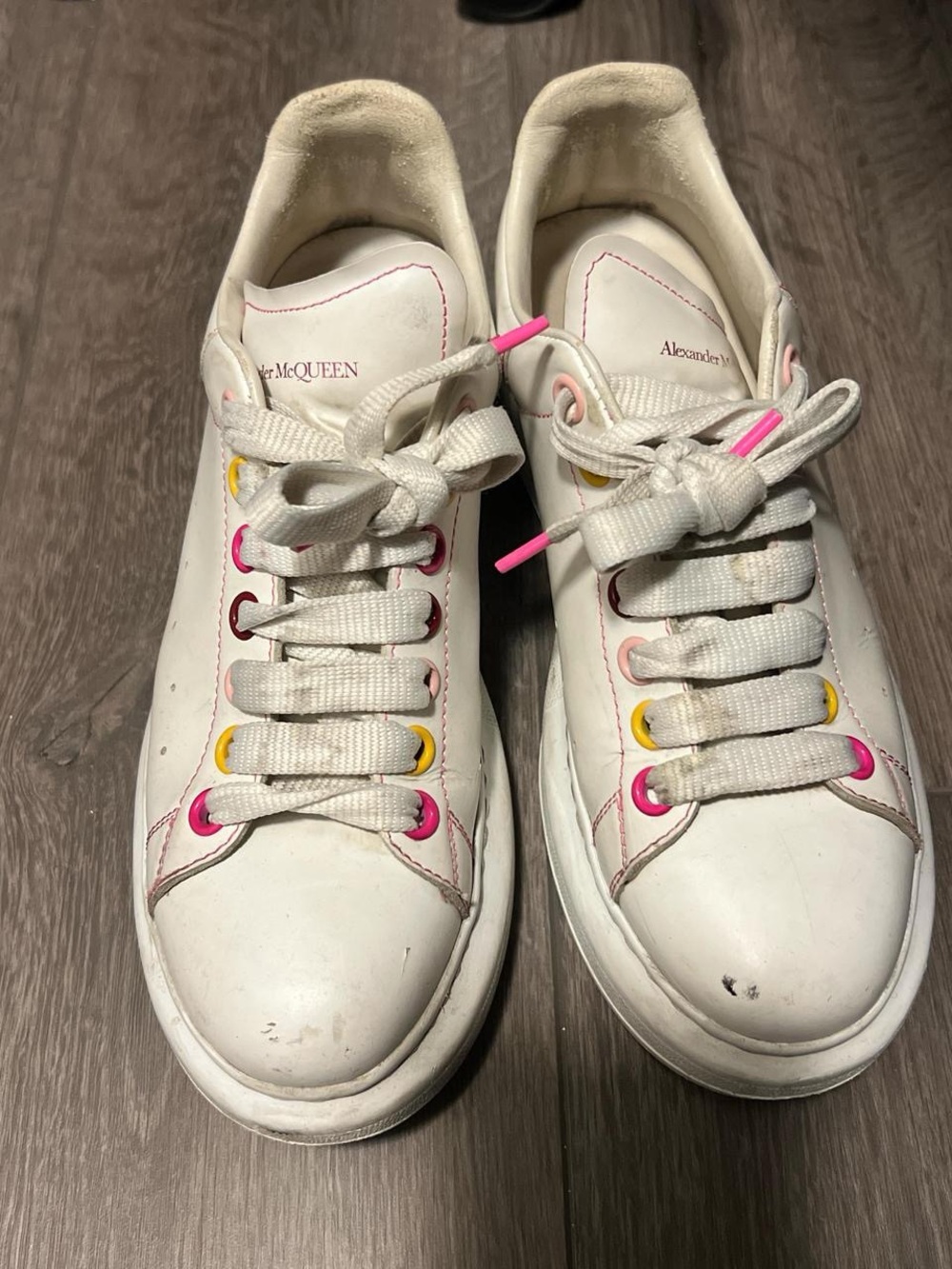 Alexander McQueen White Leather Sneakers with Pink & Yellow Eyelets
